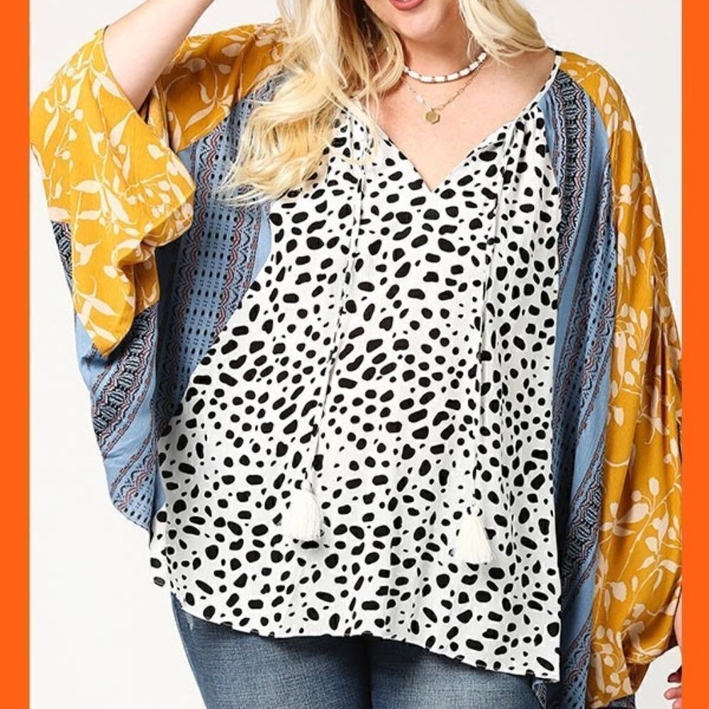 Gigio Beautiful Plus Size Boho Animal Print Dolman Sleeves Top Tie Tassel